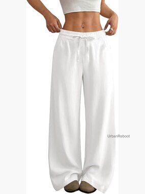 Wide Leg Linen Dress Pants High Waist Drawstring Flowy Summer